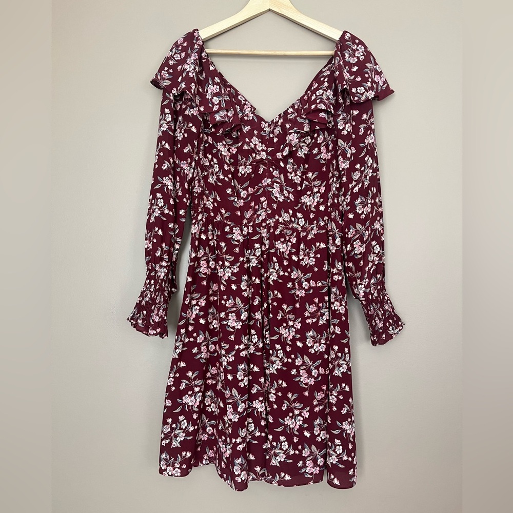 {Rebecca Taylor} Tilda Floral Ruffled Silk Long Sleeve Dress in Maroon - 10
